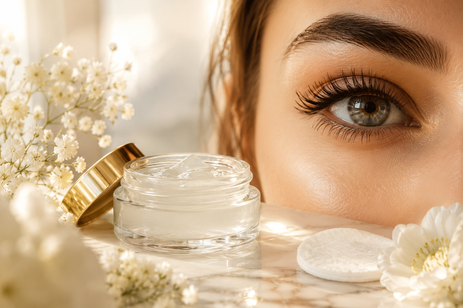 Professional () editorial hero image showing a close-up of a woman's eye with beautifully defined, long, dark eyelashes, a