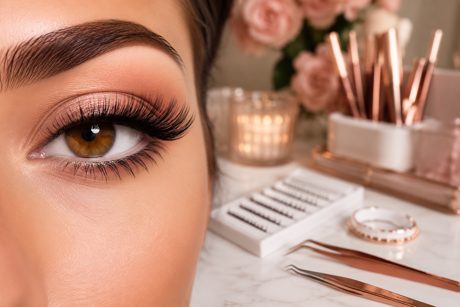 Professional () editorial hero image showing a close-up of a woman's eye with beautifully applied lash extensions, soft rose