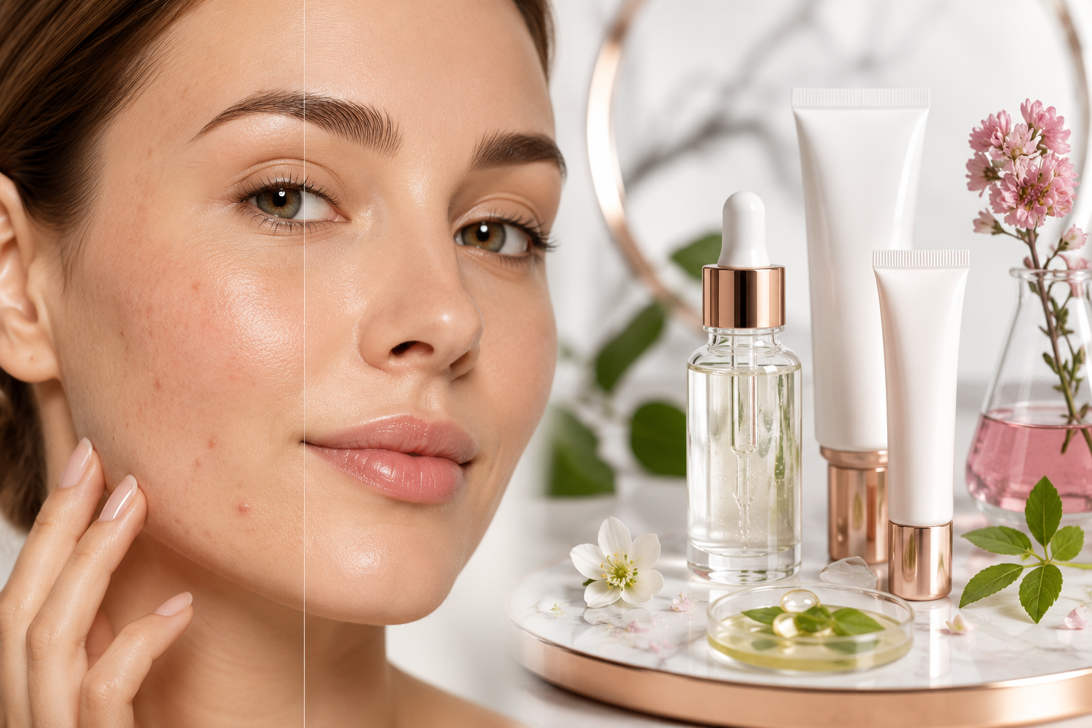 Professional () editorial hero image showing a close-up of clear, radiant female skin transitioning from blemished to