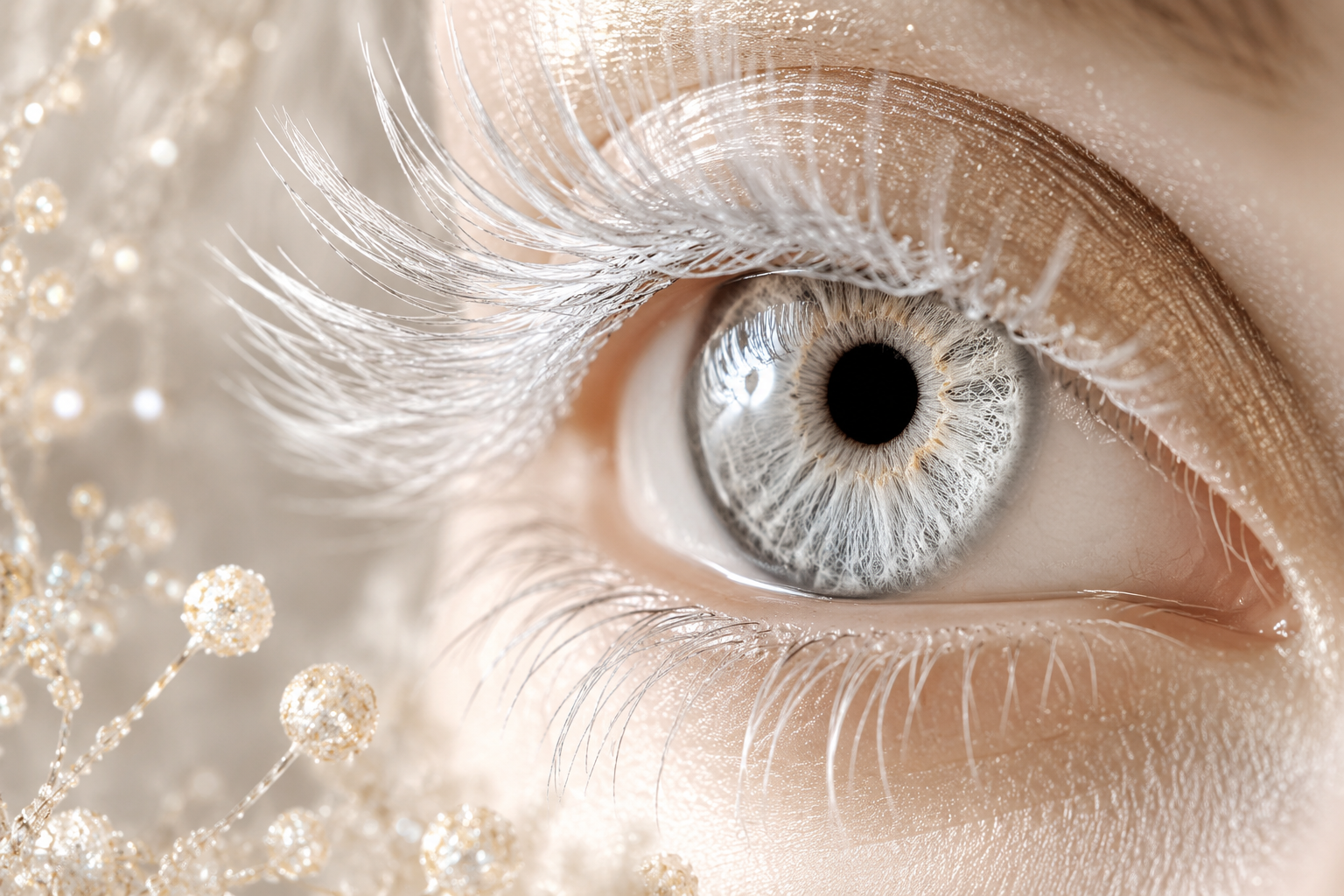 Professional () editorial hero image showing an extreme close-up of a human eye with naturally white and silver eyelashes