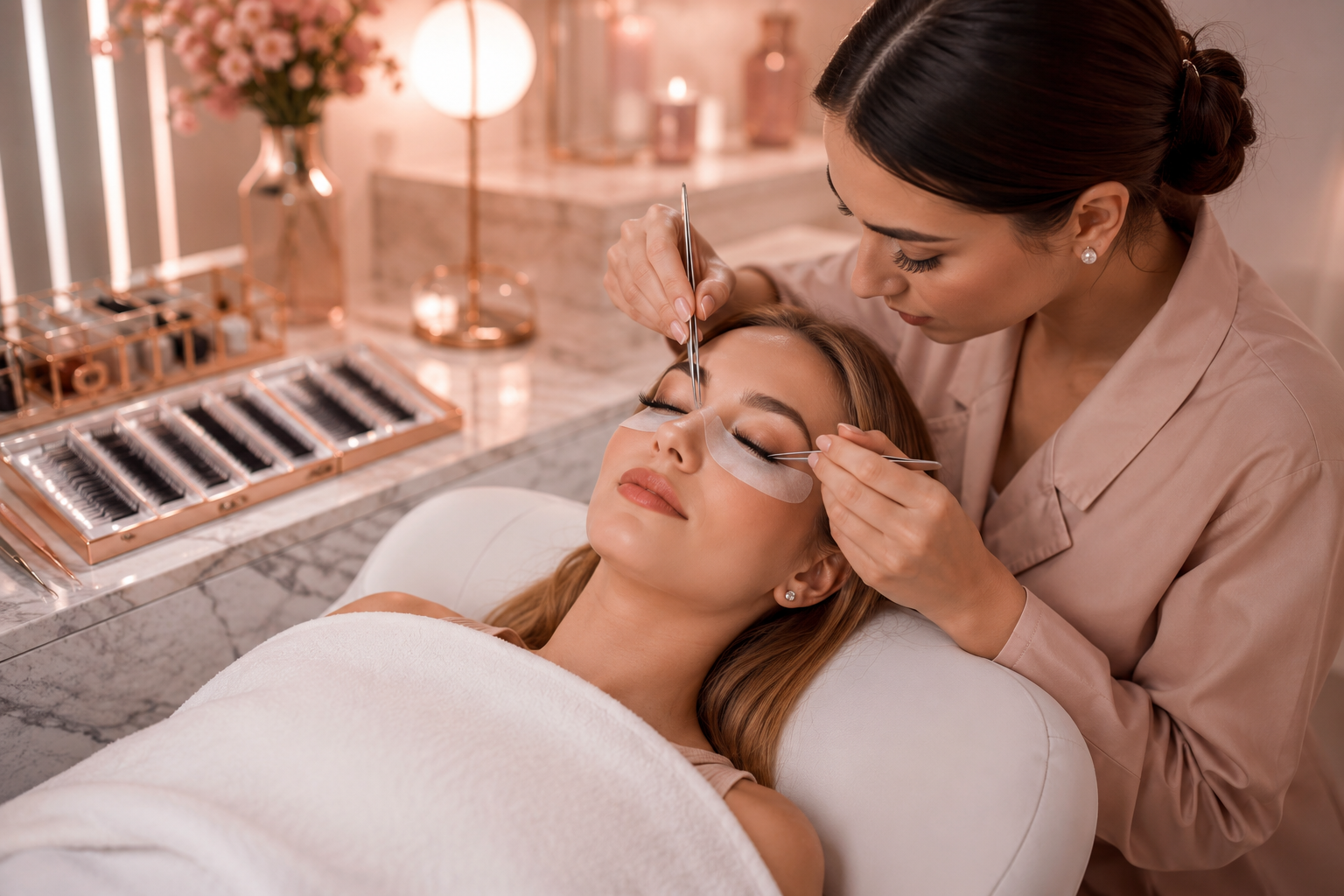 Professional () hero image of a serene, a professional lash artist delicately applying individual eyelash extensions to a