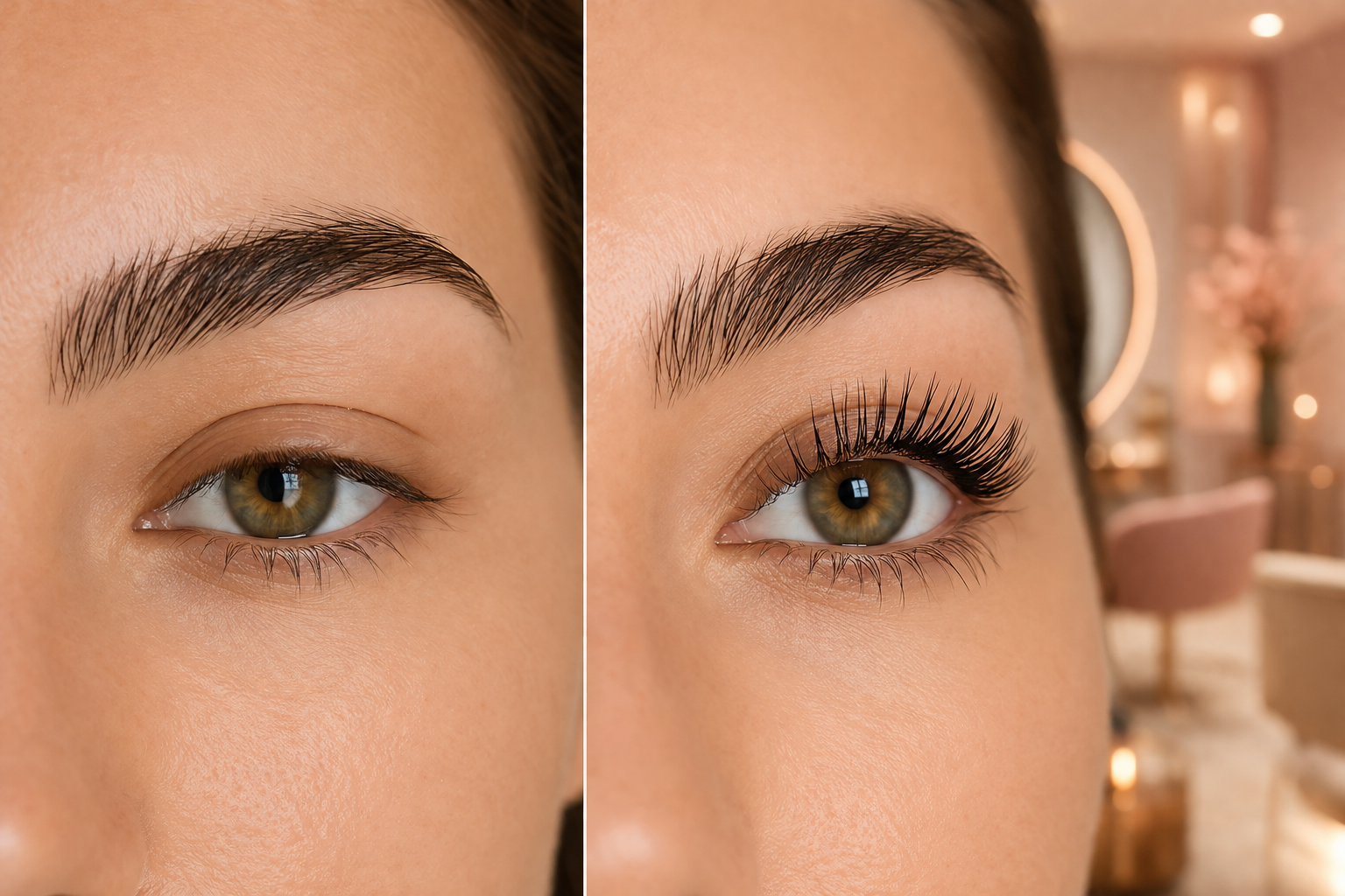 Professional () hero image showing a close-up beauty editorial of a woman's eye area before and after a lash lifting