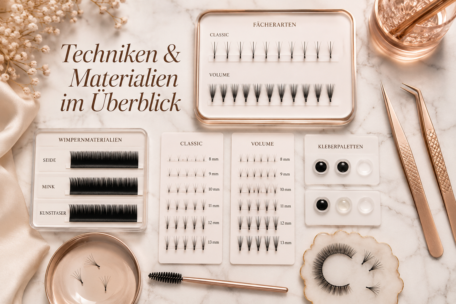 Professional () showing a flat-lay beauty studio scene from above: precision tweezers, individual eyelash extension fans in