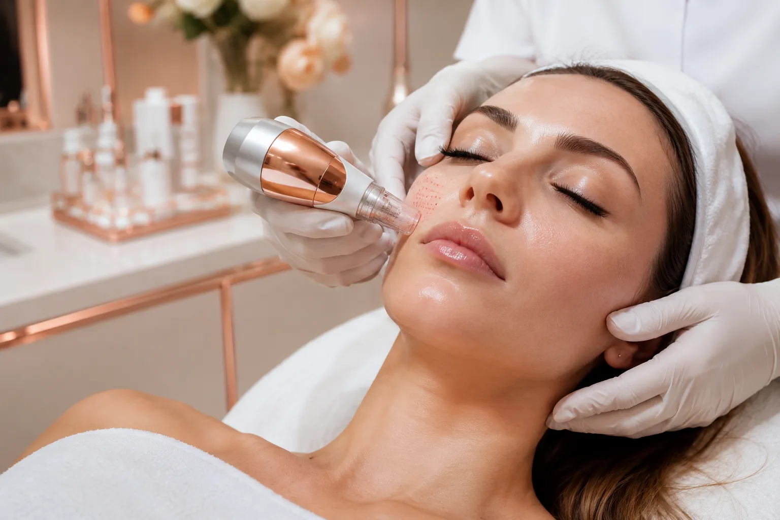 Editorial () hero image for Radiofrequenz-Microneedling gegen Aknenarben in Österreich 2026. Close-up of a woman with clear,