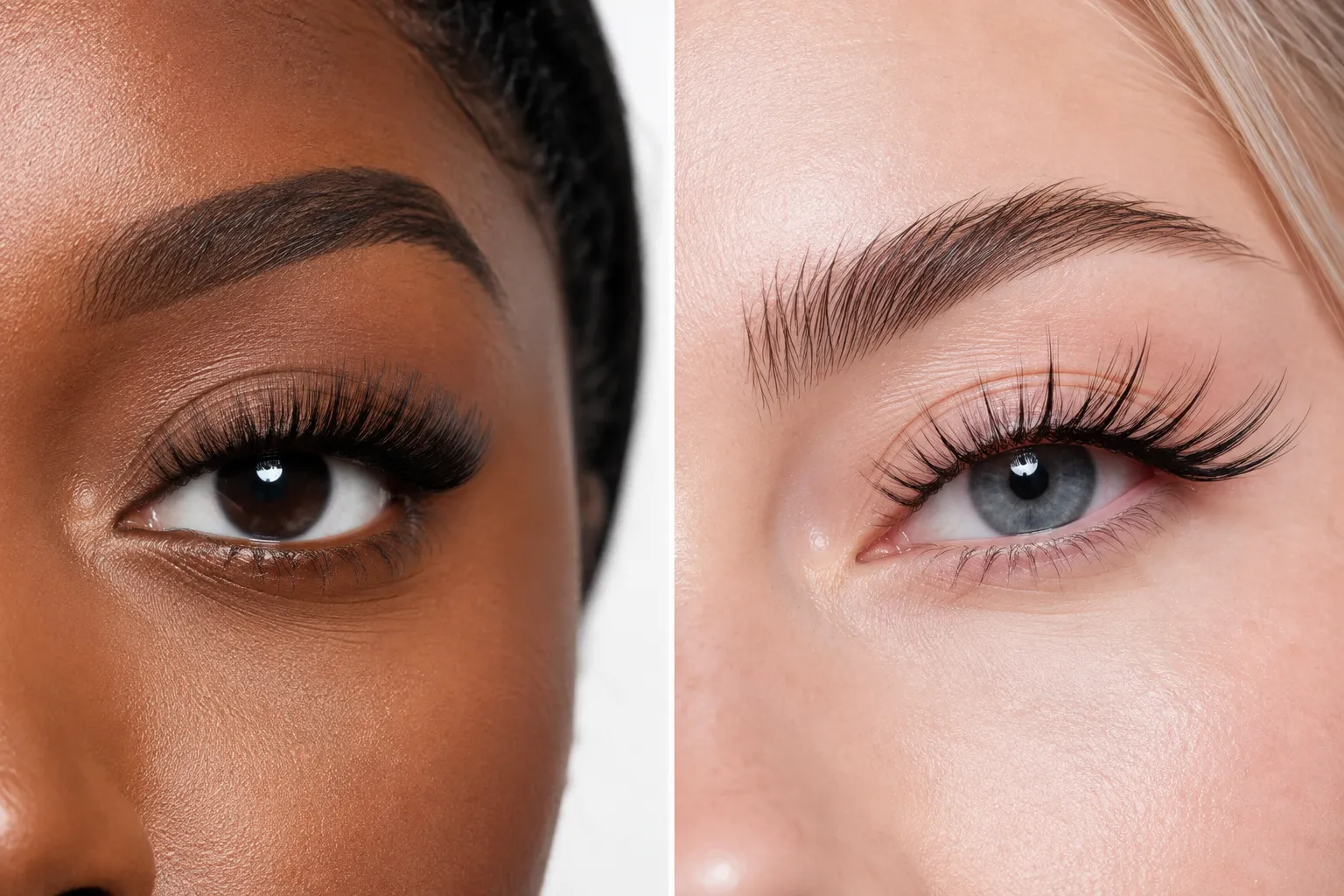 Split-screen editorial landscape (): left side shows a close-up of classic uniform lash extensions in neutral lighting for